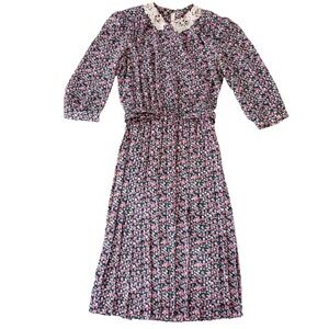 LISA II Dress M Prairie Cottagecore Floral Lace Collar Pleated Blue USA VTG Belt